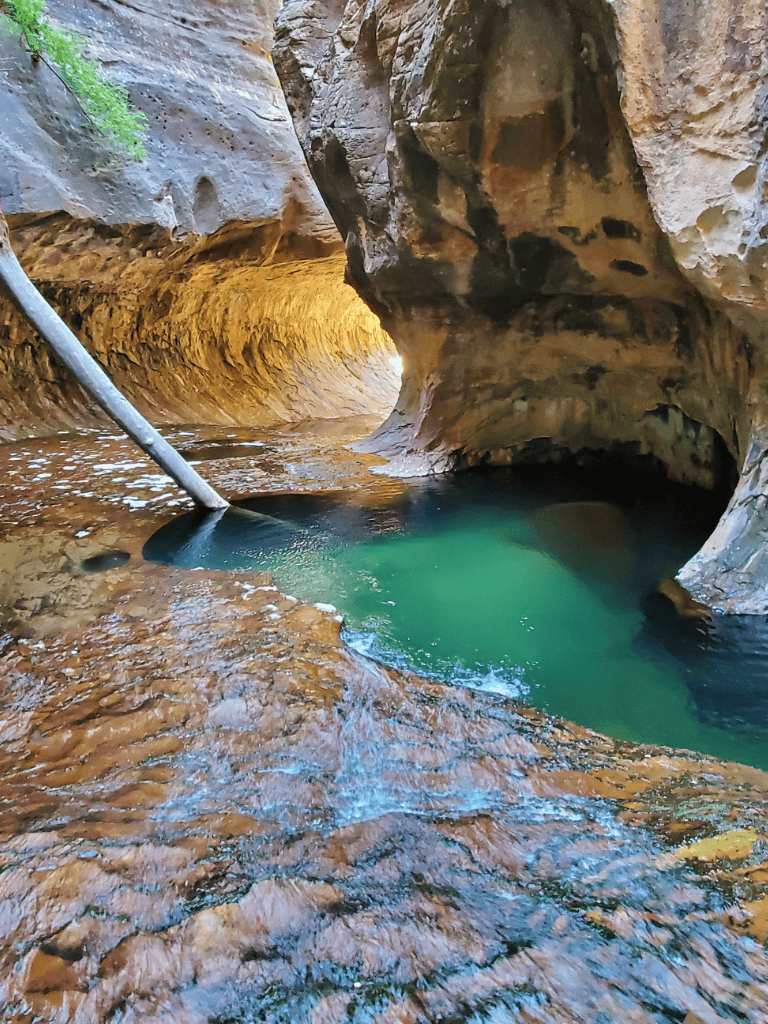 Steep slot canyon with water flowing through the rocks, vibrant green water, and natural rock formations.