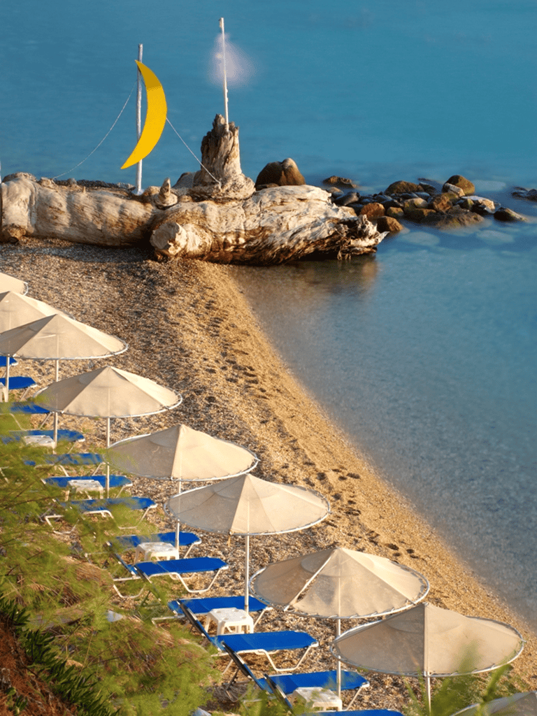 Relaxing beach scene with umbrellas and a driftwood sculpture over calm water.