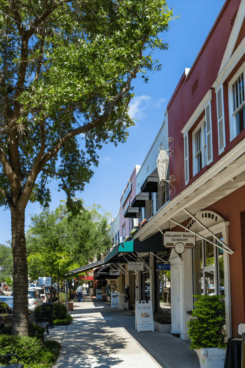 Colorful downtown shopping street with boutique storefronts and lush green trees, sunny day.