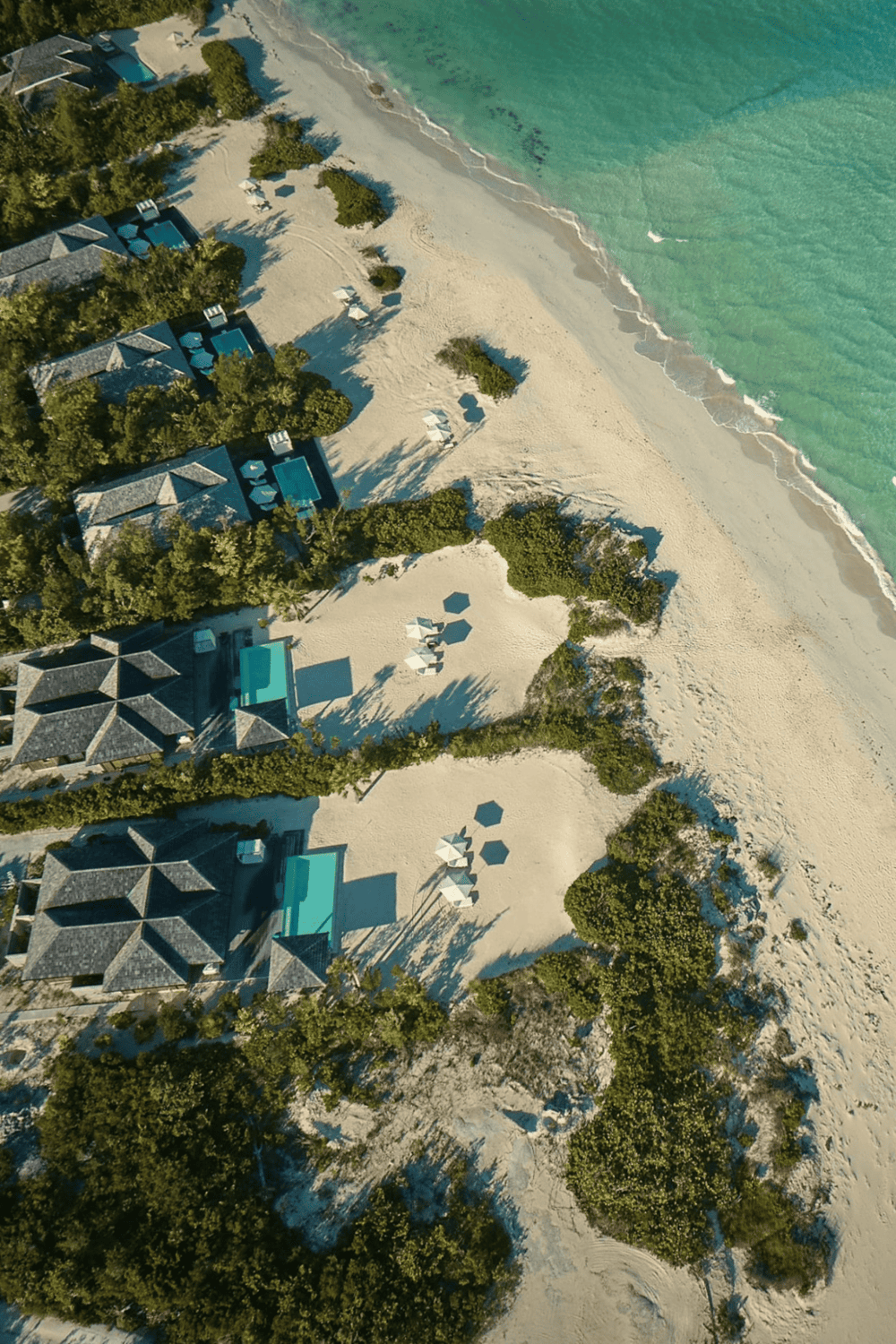 1. Aerial view of beachfront luxury vacation rentals with private pools and lush greenery.