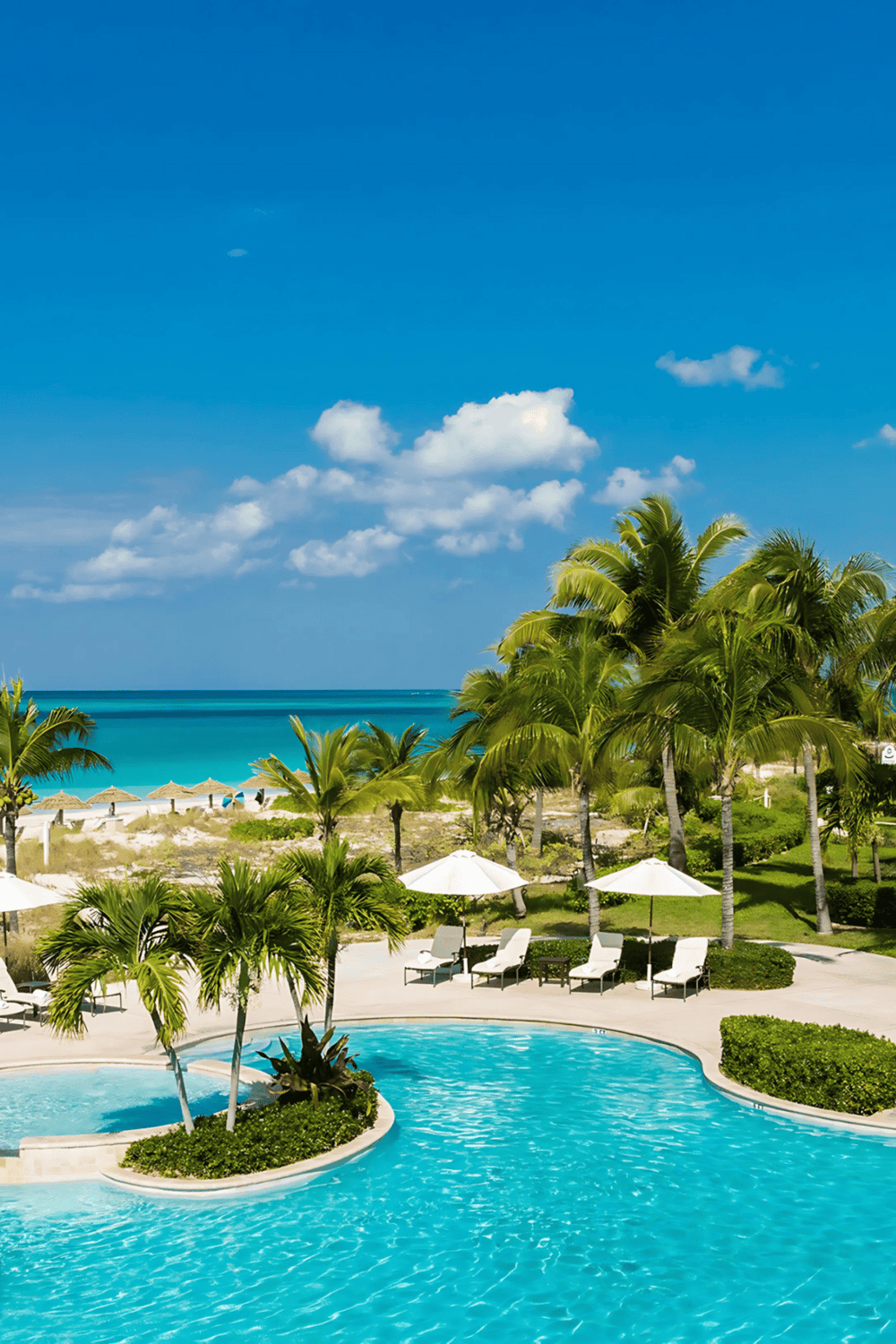 Relaxing tropical beach resort with swimming pool and palm trees on tranquil ocean shoreline.