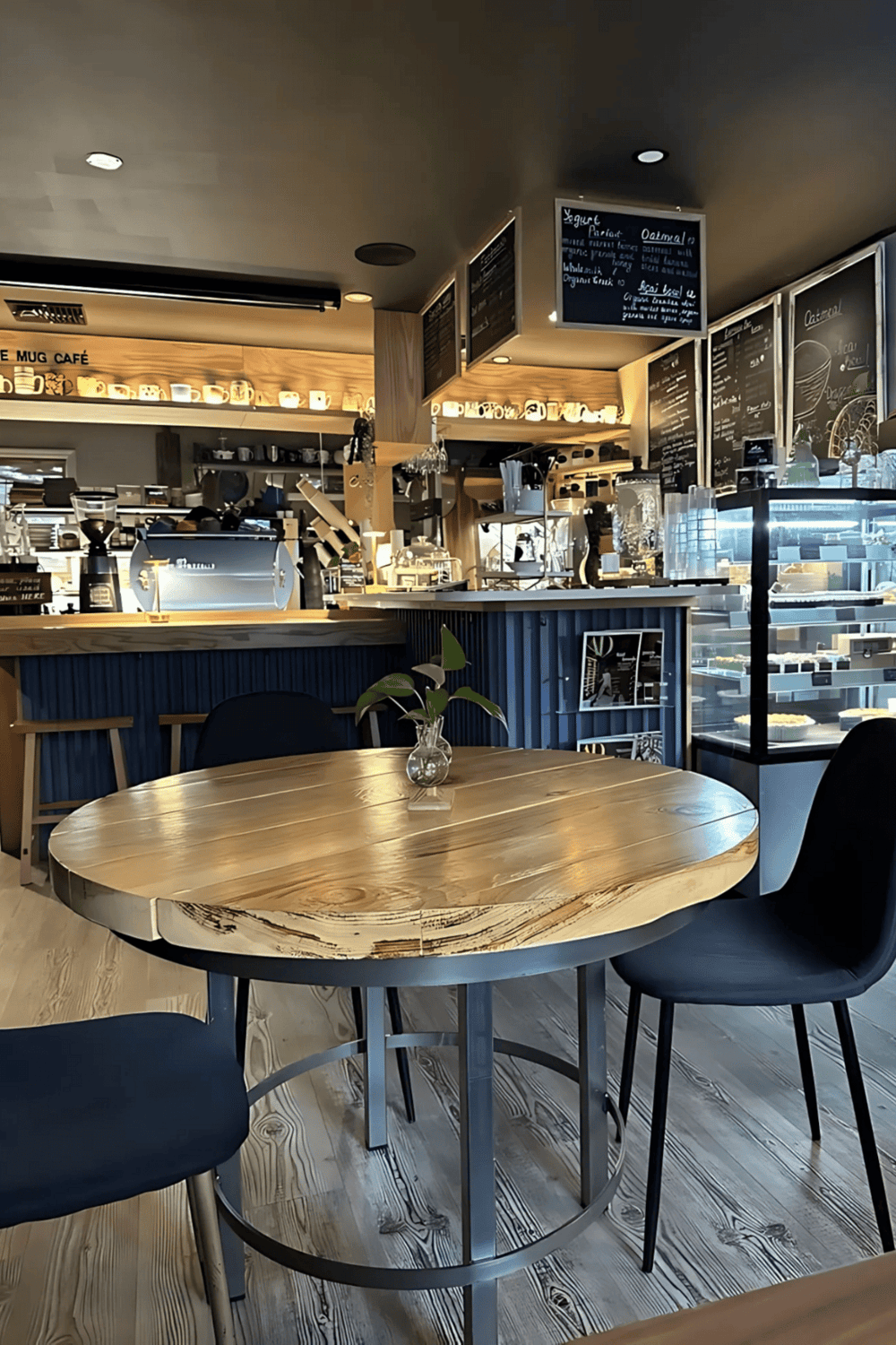 Cozy coffee shop interior with wooden table and modern decor, featuring a display case and chalkboard menus.