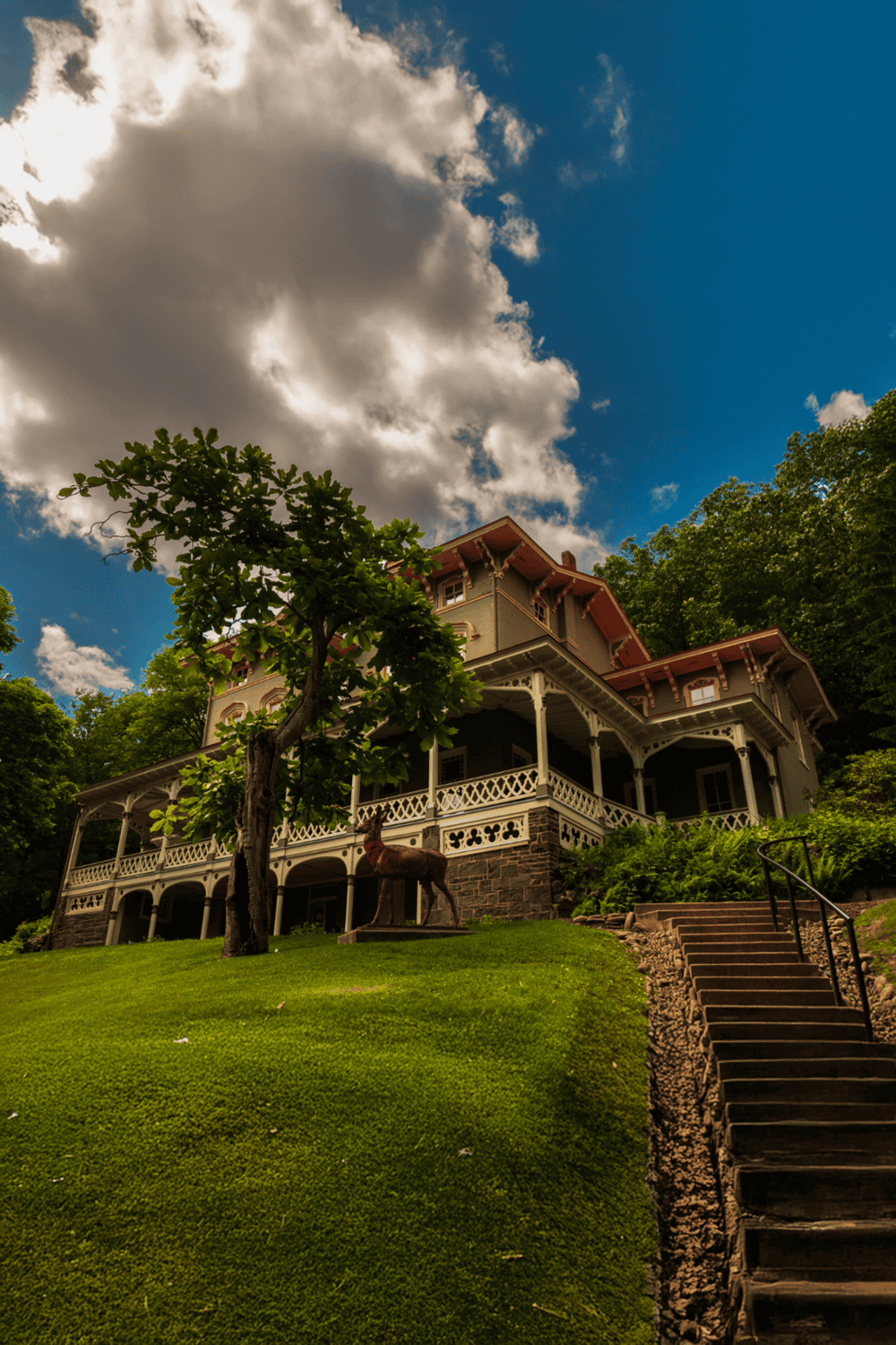 Charming Victorian-style house on a lush hill with vibrant greenery and a blue sky.