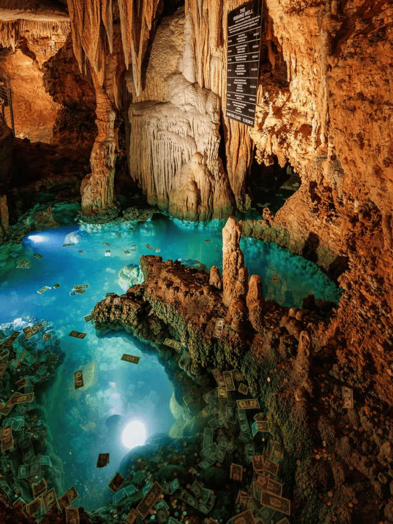 Money cave with water and stalactites, inside a cave with underground attractions for tourists.