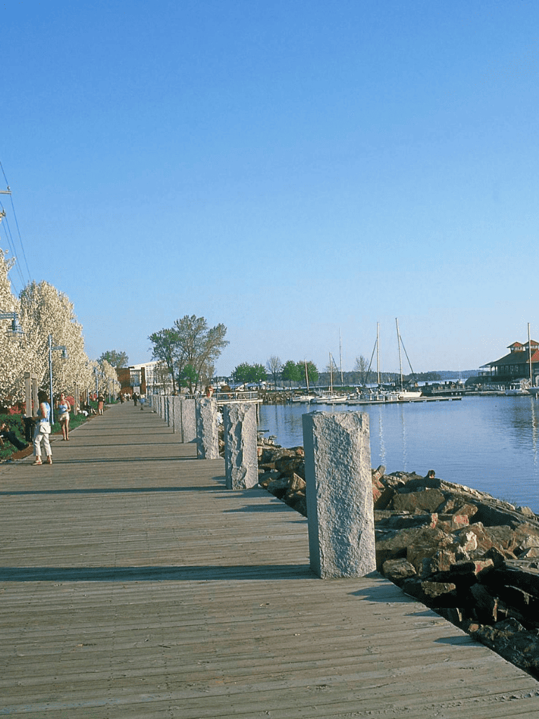 Relaxing lakeside boardwalk with boats, trees, and blue sky at QuestForDirections.