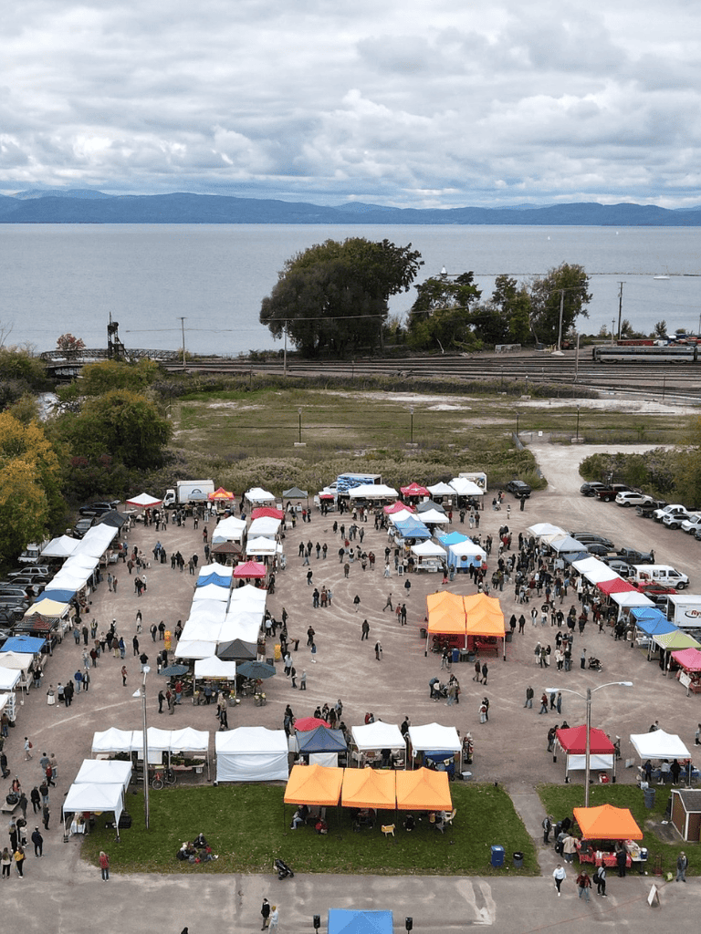 Vibrant outdoor market with tents near waterfront, featuring local vendors, shopping, and community activities.