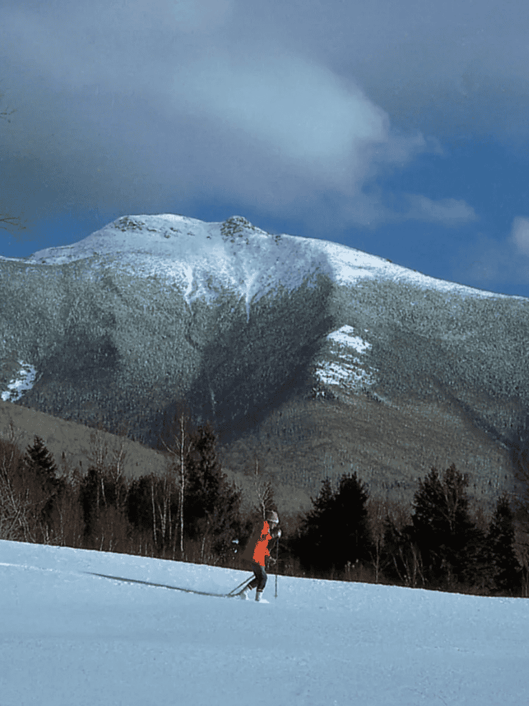 Snowy mountain landscape with skier in foreground, QuestForDirections outdoor adventure scenery, winter sports.