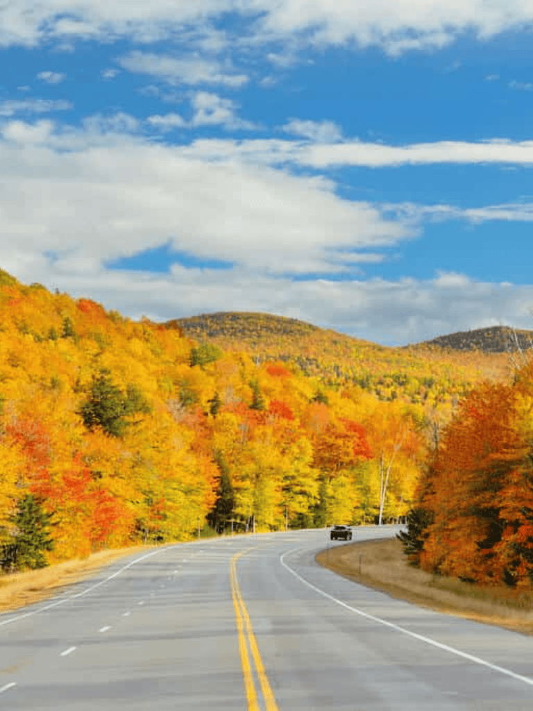 Colorful fall foliage along scenic mountain road during daytime.