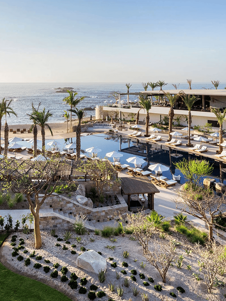 Luxurious beachfront poolside resort with palm trees and ocean view for relaxation and vacation.