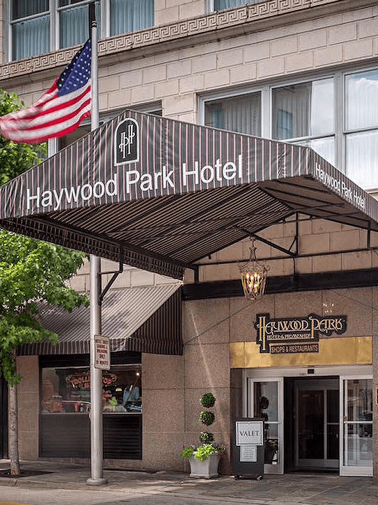 American flag outside Haywood Park Hotel, Asheville, North Carolina.
