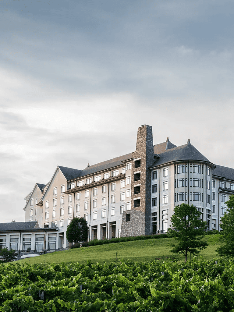 Luxurious hotel with vineyard view, elegant architecture, and scenic landscape in a picturesque setting.