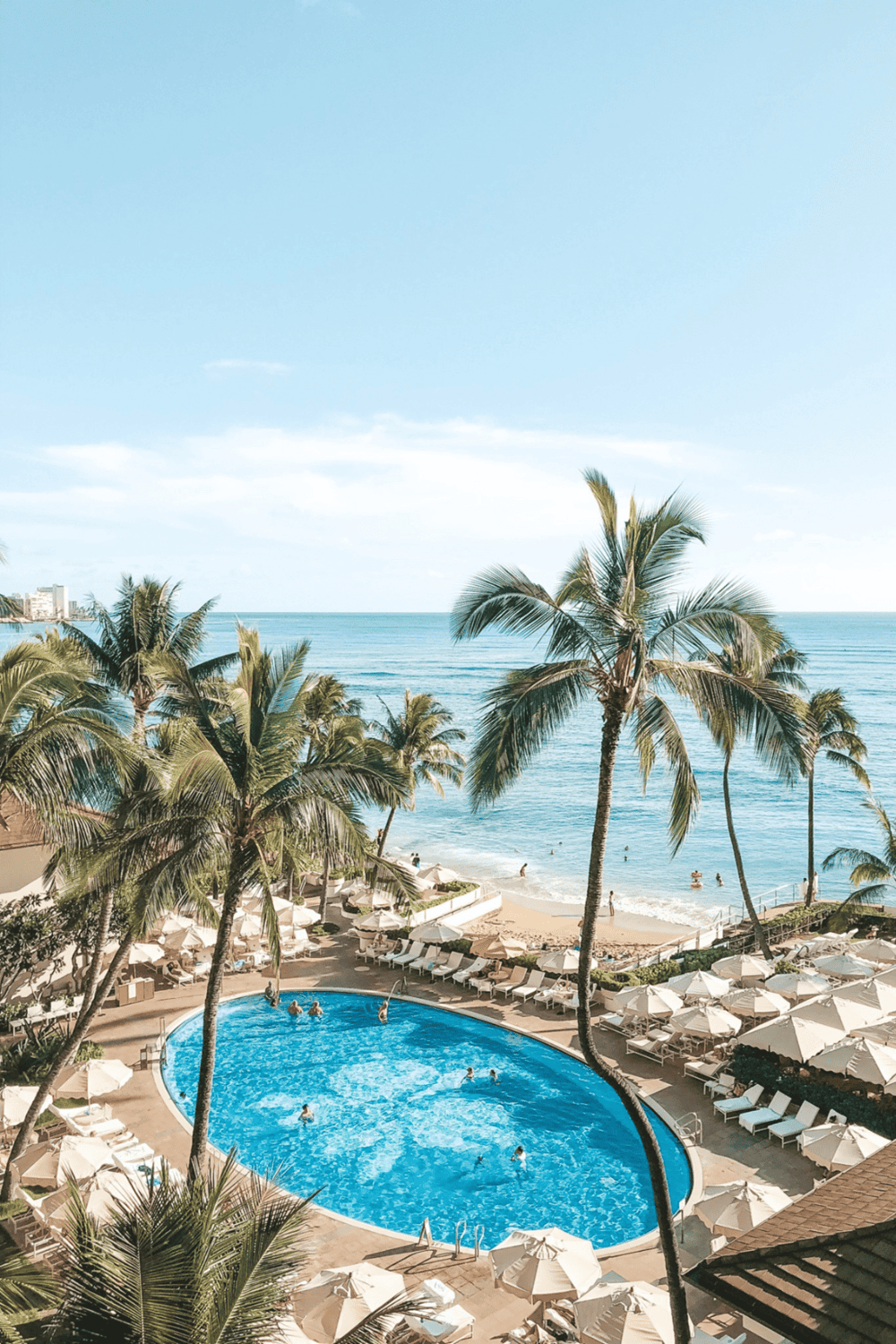 Luxury tropical resort pool with ocean view, palm trees, and relaxing beach atmosphere.