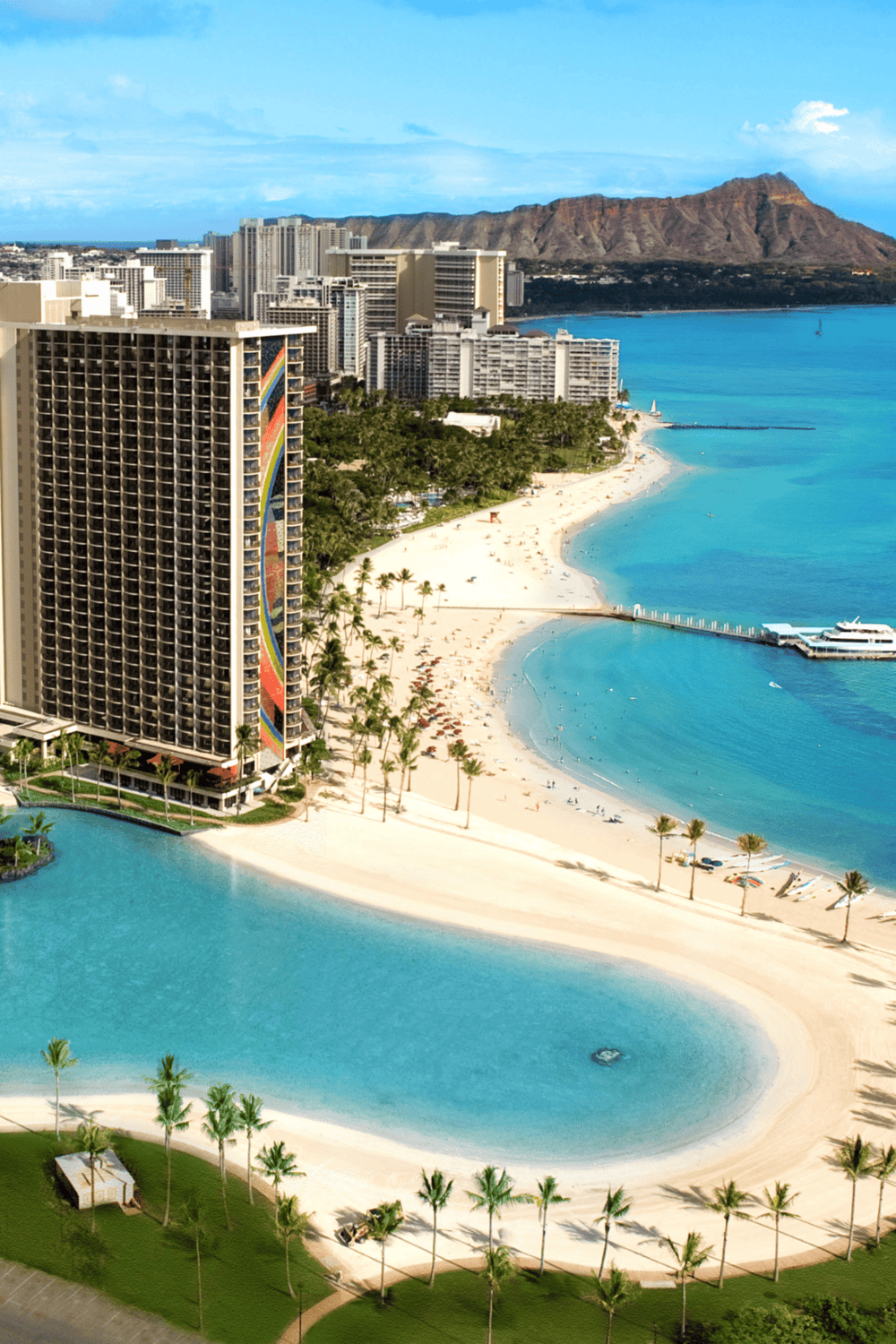 Luxurious Waikiki Beach hotel with ocean views and tropical resort amenities in Honolulu, Hawaii.