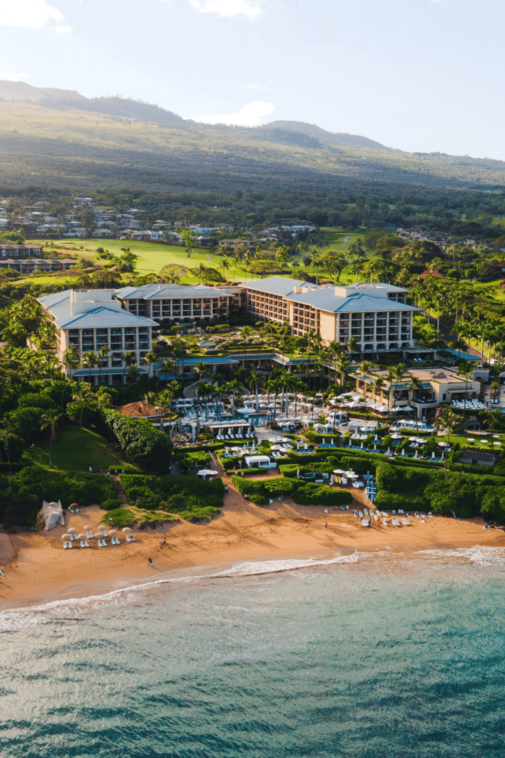 Luxury beachfront resort with lush gardens and ocean views in Hawaii.