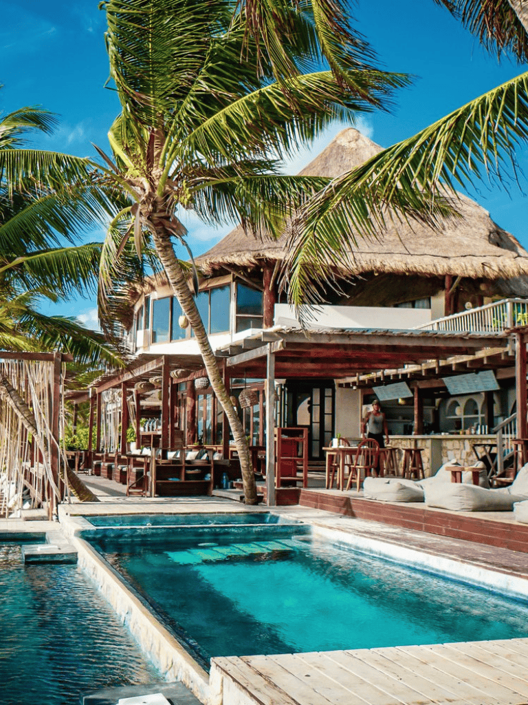 Luxurious tropical beach villa with pool, palm trees, and thatched roof in paradise setting.