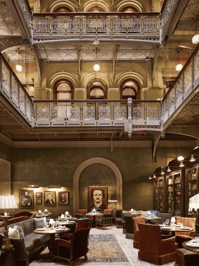 Lavish historic hotel lobby with elegant decor and vintage architecture.