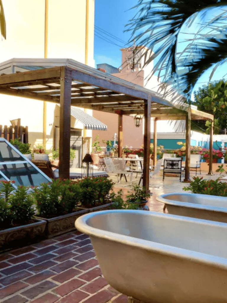 Charming outdoor patio with relaxing seating and lush greenery, perfect for dining or lounging.