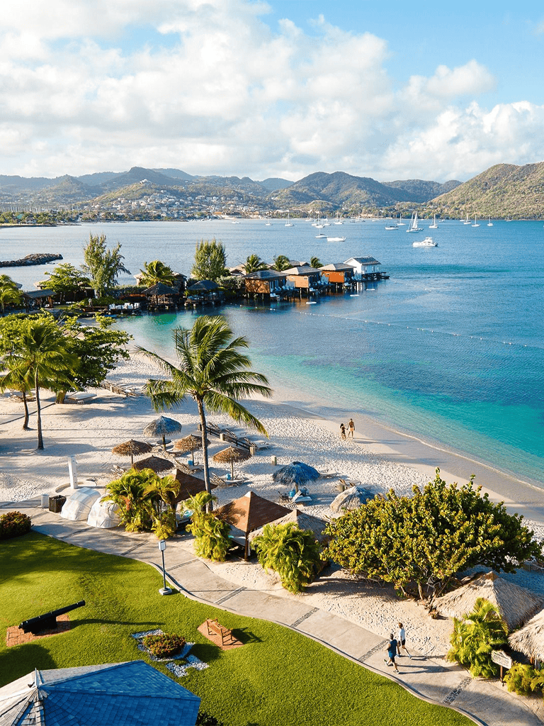 Relaxing Caribbean beach with palm trees and overwater bungalows, perfect for vacation planning and travel guidance.