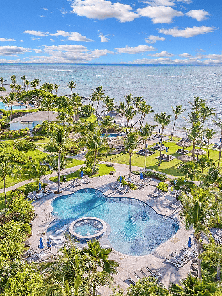 Palm trees and ocean view at tropical resort with swimming pool and hot tub, perfect for relaxation and vacation.
