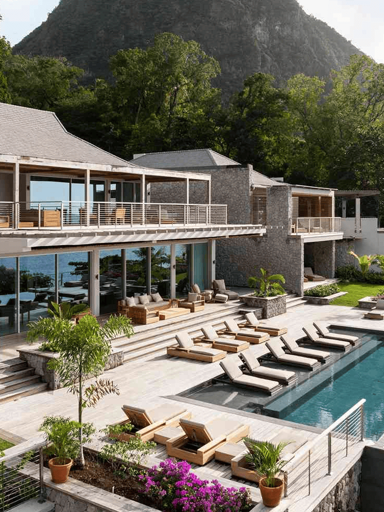 Luxurious modern villa with pool, outdoor lounging, scenic mountain views, high-end amenities.