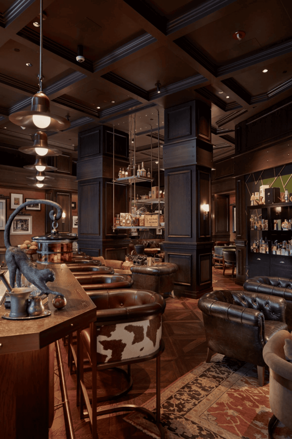 Cozy upscale bar with dark wood finishes, leather chairs, and ambient lighting, perfect for a relaxing drink.