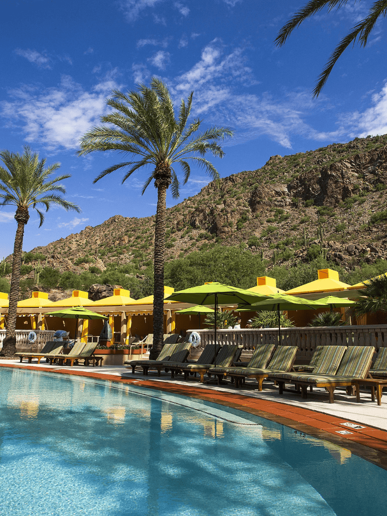 Luxurious hotel pool with palm trees and mountain views, perfect for relaxing vacation.