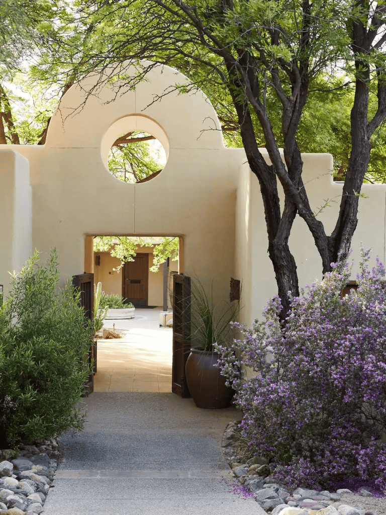 Serene desert-style entrance with adobe walls, lush greenery, and vibrant purple blooms, inviting peaceful retreat.