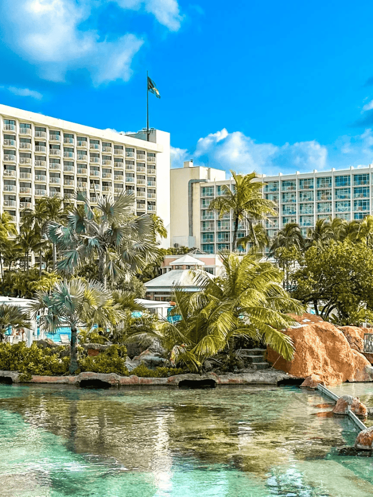 Luxury beachfront resort with palm trees and water features in a tropical setting.