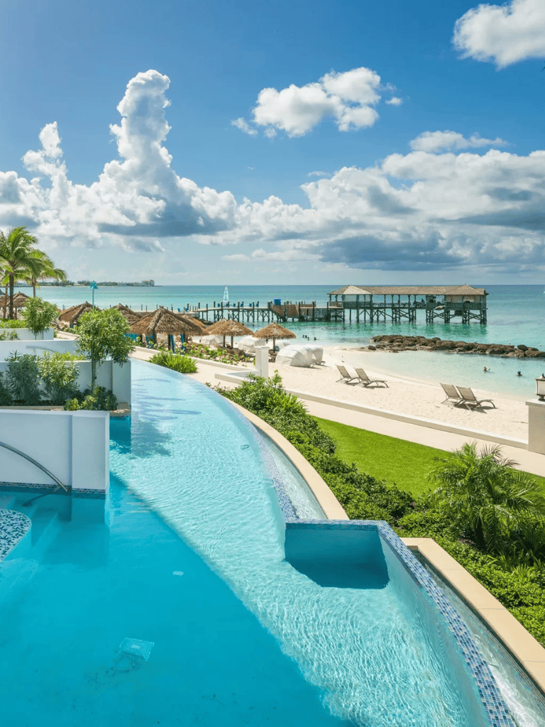 Stunning beachfront pool overlooking the ocean at QuestForDirections resort.