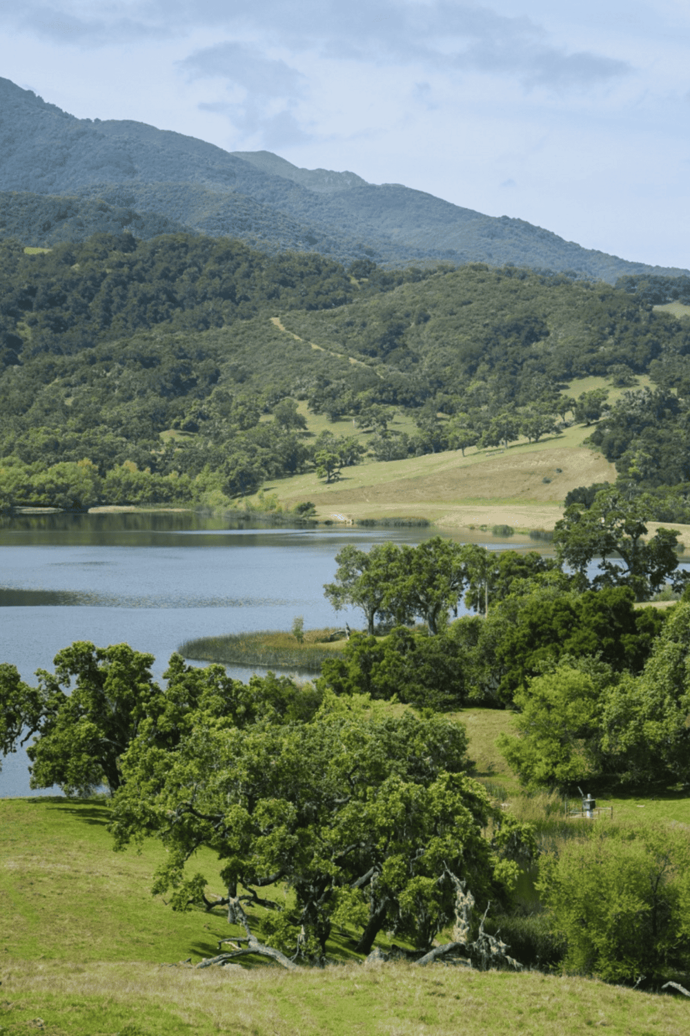 Serene mountain landscape with a lake, lush greenery, and rolling hills, perfect for outdoor adventure and nature exploration.