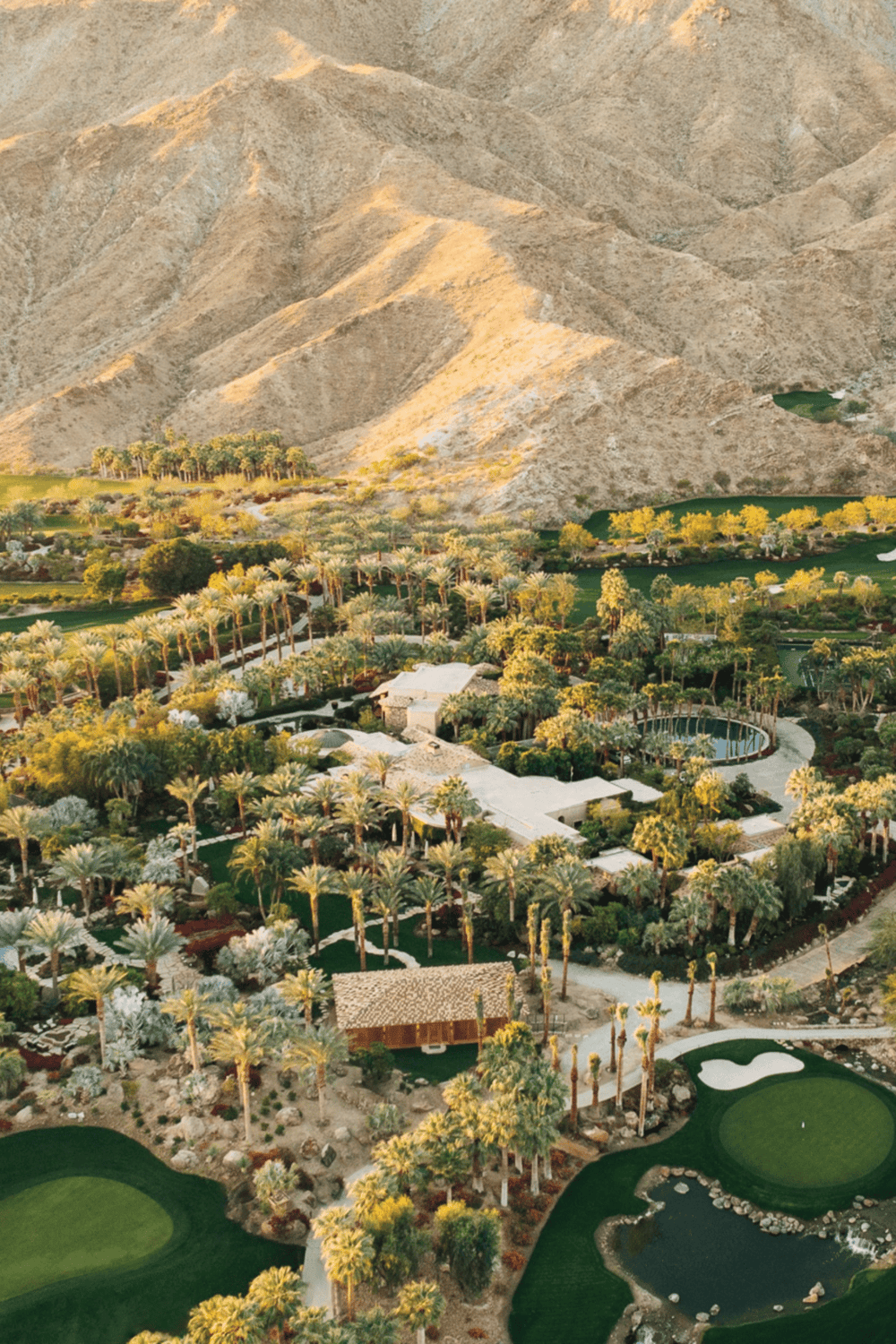 Lush desert botanical garden with golf course backdrop at Quest for Directions, Nevada.