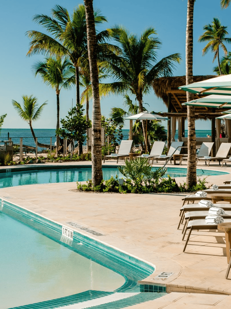 Relaxing poolside at a tropical beach resort with palm trees and ocean view.