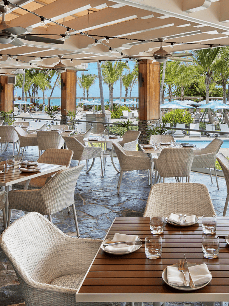 Outdoor beachfront restaurant with tropical palm trees and ocean view.
