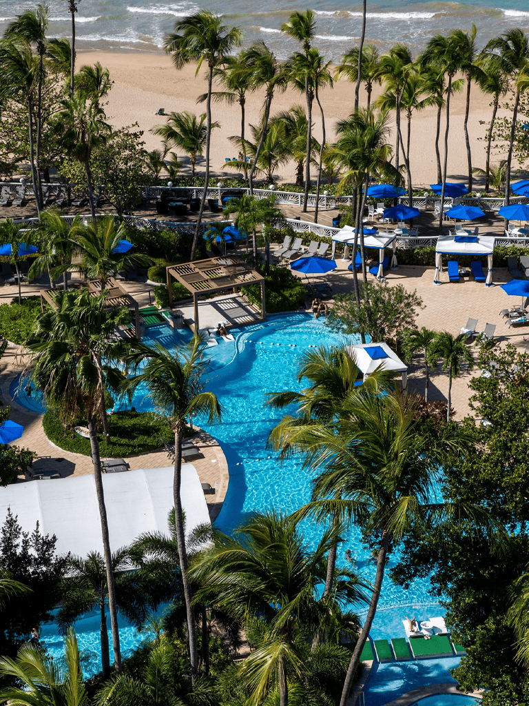 Tropical beach resort with swimming pool, palm trees, blue umbrellas, and ocean view.