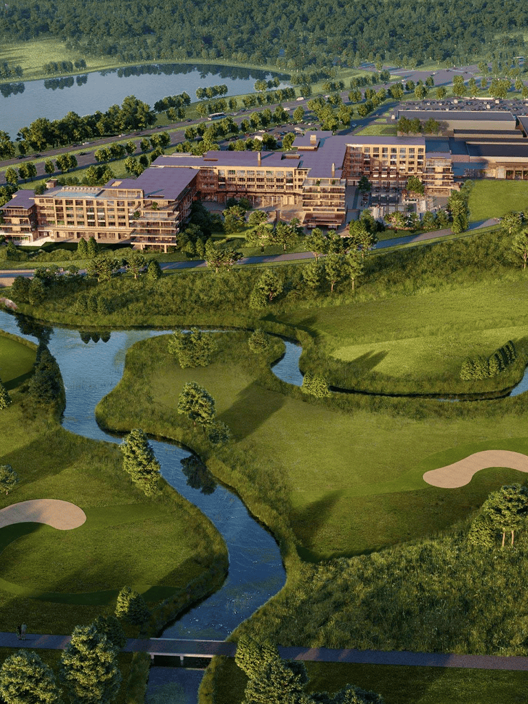 Luxurious lakeside resort with modern amenities and scenic golf course views.