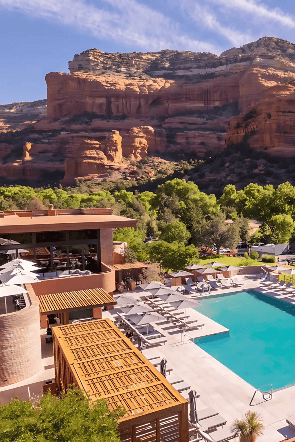 Stunning desert mountain view with poolside resort in Sedona, Arizona.