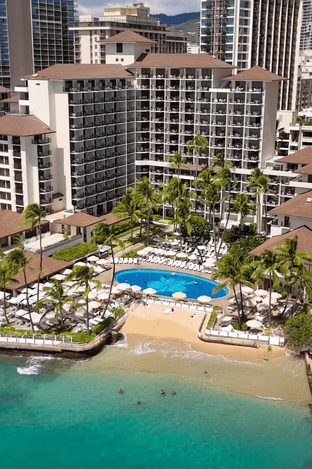 Luxury beachfront hotel with pool, tropical greenery, and high-rise views in Hawaii.