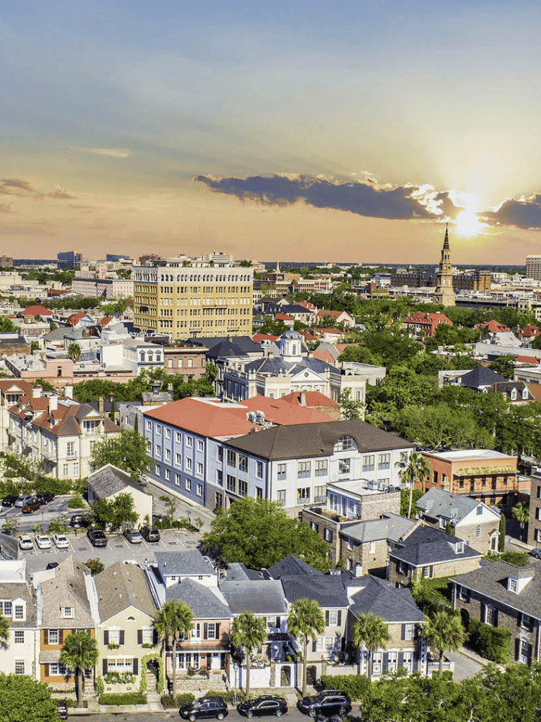 Panoramic view of a city skyline during sunset with diverse buildings and lush greenery in the foreground.