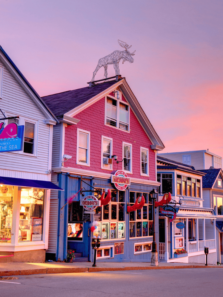 Colorful coastal town buildings with neon signs and a unique wire reindeer sculpture on the roof.
