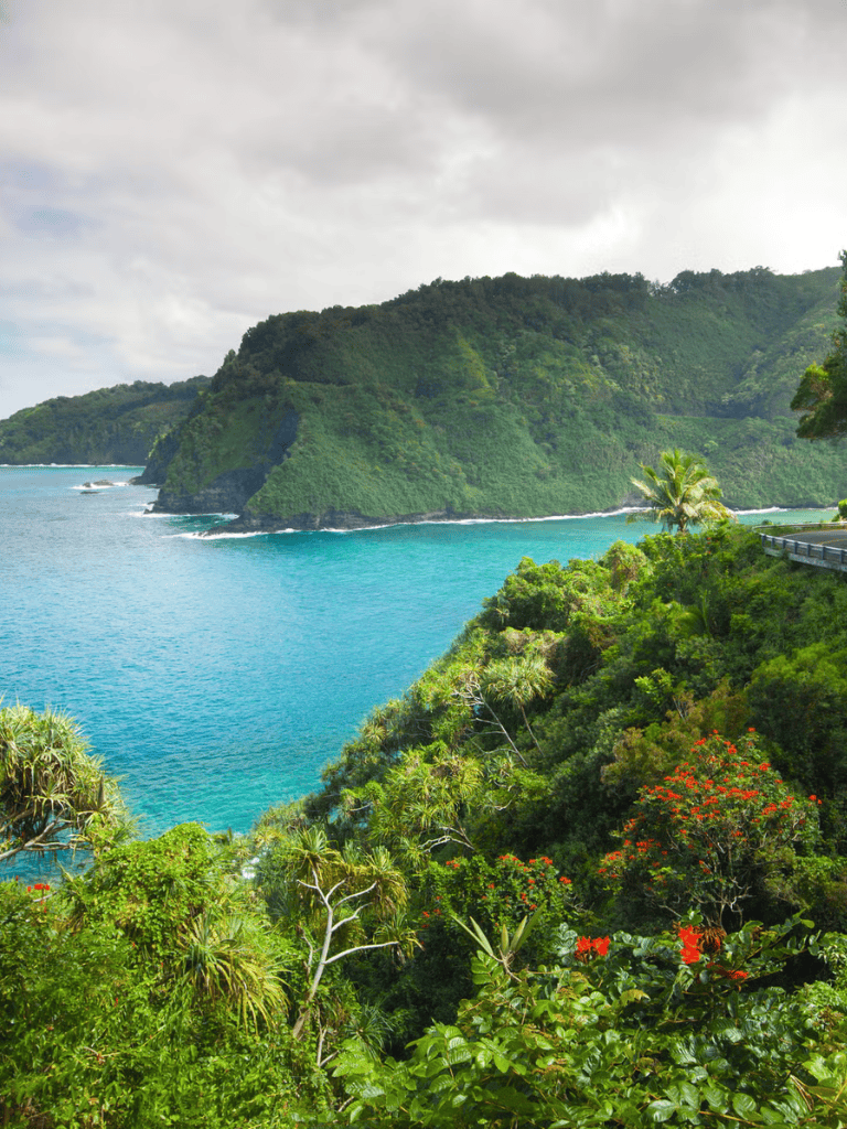 Lush tropical coastal landscape with turquoise water and green hills, scenic view from QuestForDirections.