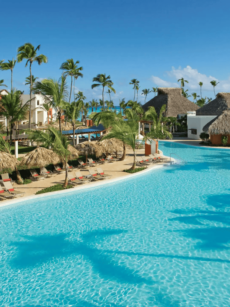Relaxing tropical pool with palm trees and thatched-roof cabanas at a beachfront resort.