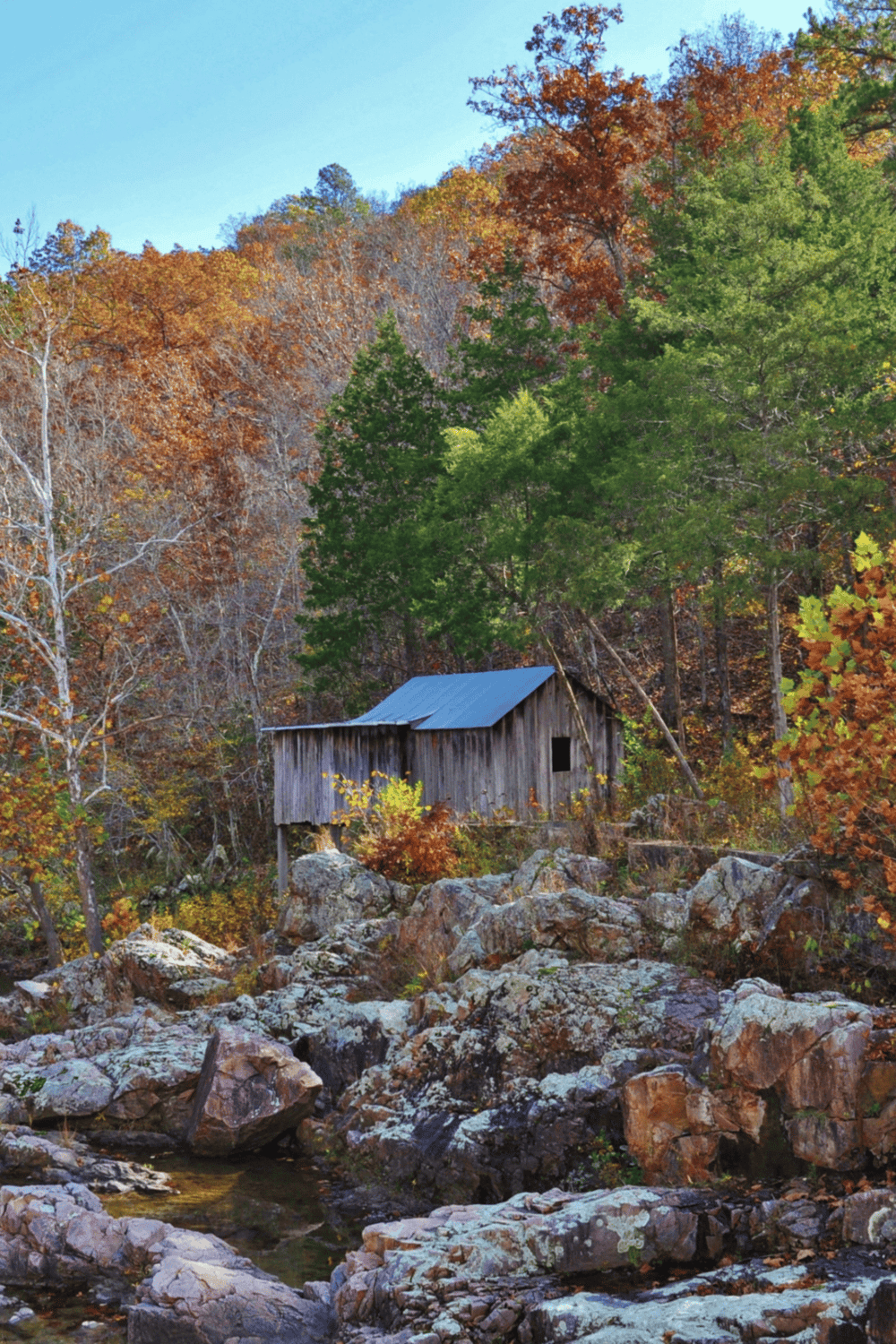 Old rustic wooden cabin in a vibrant autumn forest beside a creek, scenic mountain landscape.