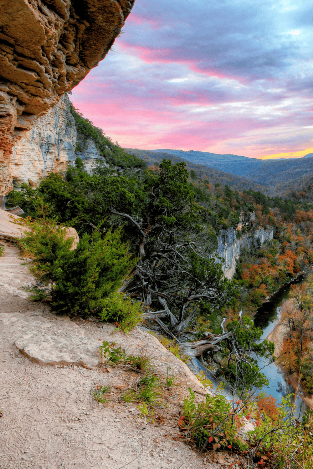 Stunning canyon view with vibrant sunset colors, rugged cliffs, and lush greenery in nature.