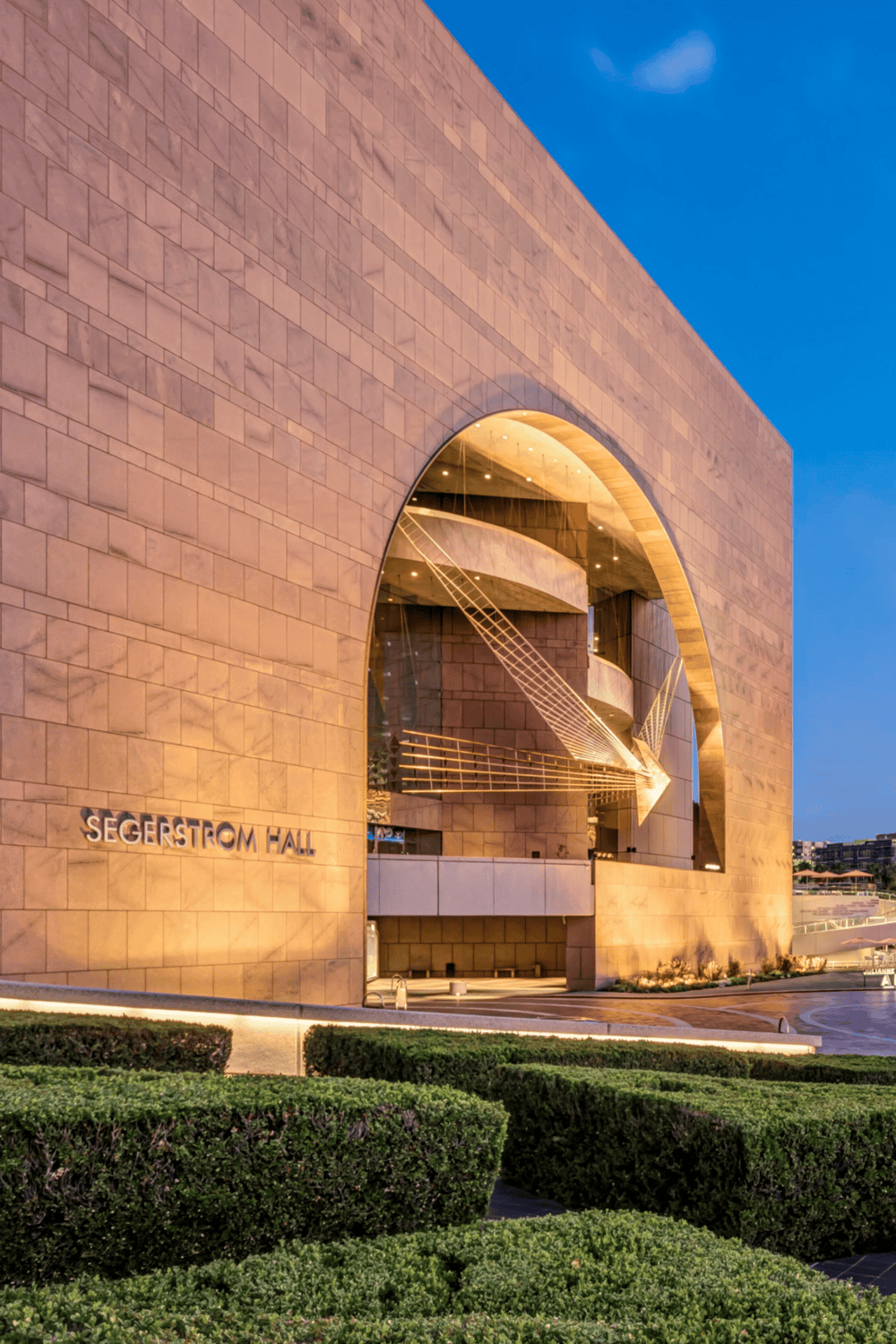 Modern Segerstrom Hall at sunset featuring contemporary architecture and cultural performance venue.