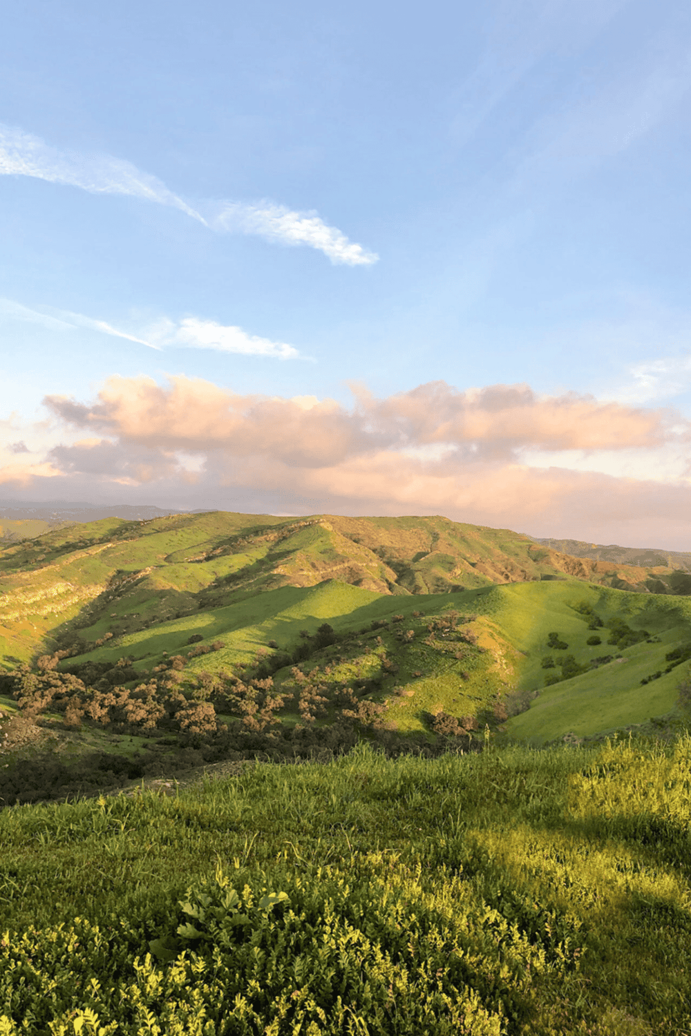 Lush green rolling hills during daytime with a clear blue sky and soft clouds, perfect for outdoor adventure and scenic explorations.