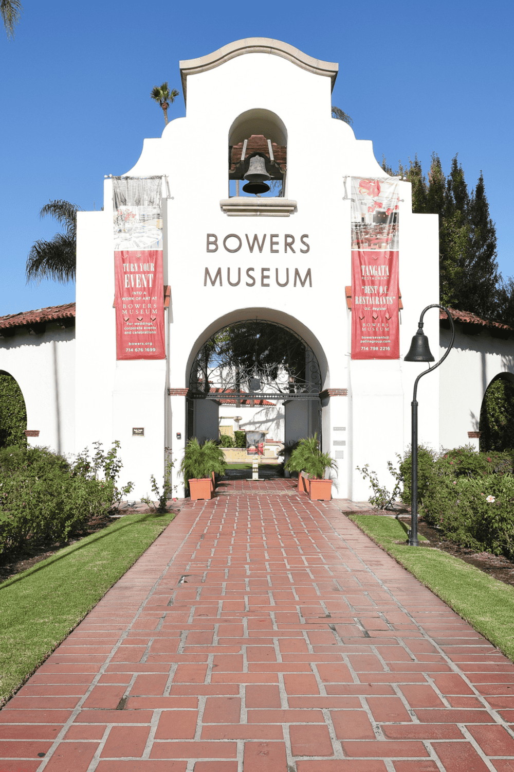 Bowers Museum entrance with traditional architecture and welcoming pathways for visitors.