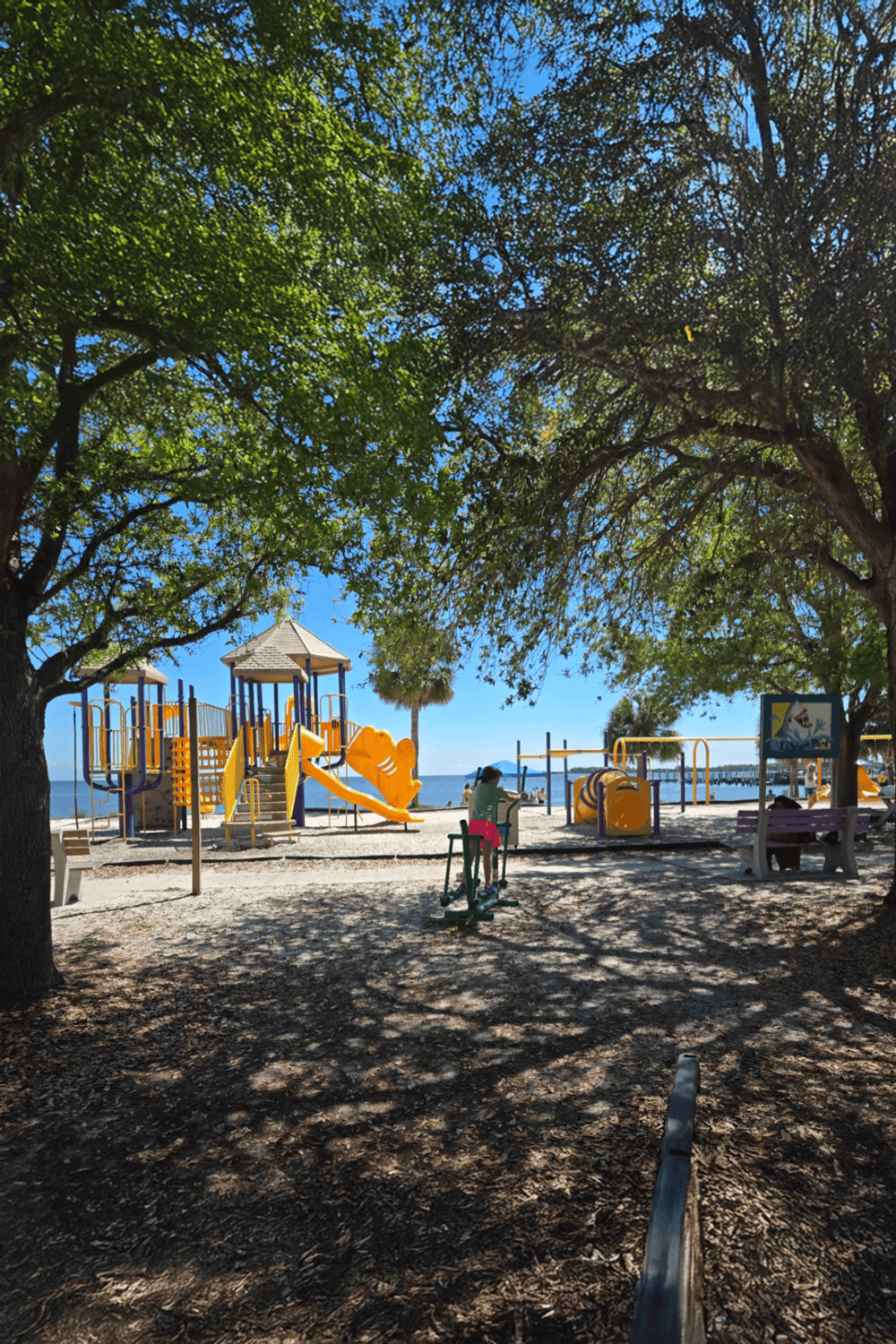 Kids playground at the beach with shade trees and ocean views, perfect for family fun and outdoor activities.