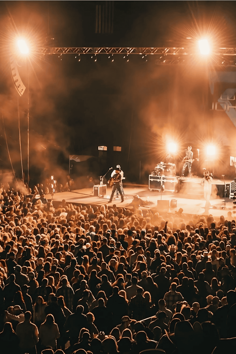Live concert with a crowd, stage lights, and musicians performing at night.