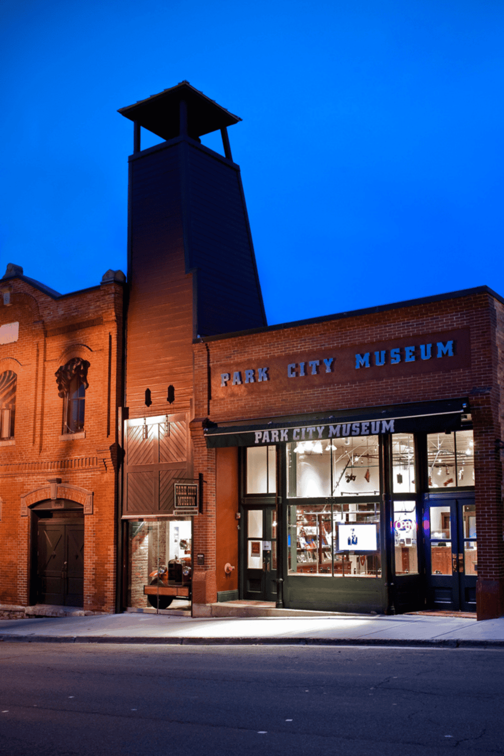 Historic Park City Museum exterior at dusk, highlighting local history and cultural attractions in Utah.