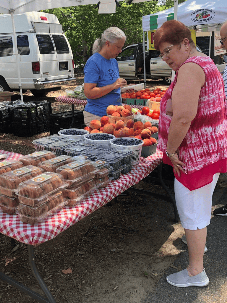 Fresh peaches, blueberries, and baked goods at a local farmers market in QuestForDirections community.